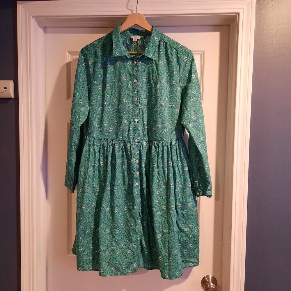 J. Crew Mini Shirt Dress Womens Size 16 Green Floral Paisley Cotton Prairie Boho